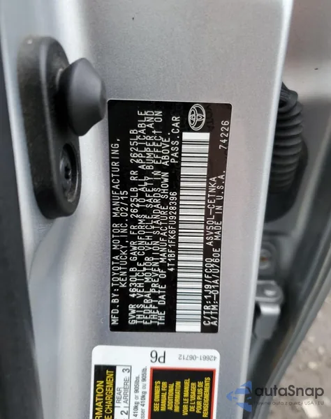 2015 Toyota Camry Le from USA, damaged, VIN 4T1BF1FK6FU928396